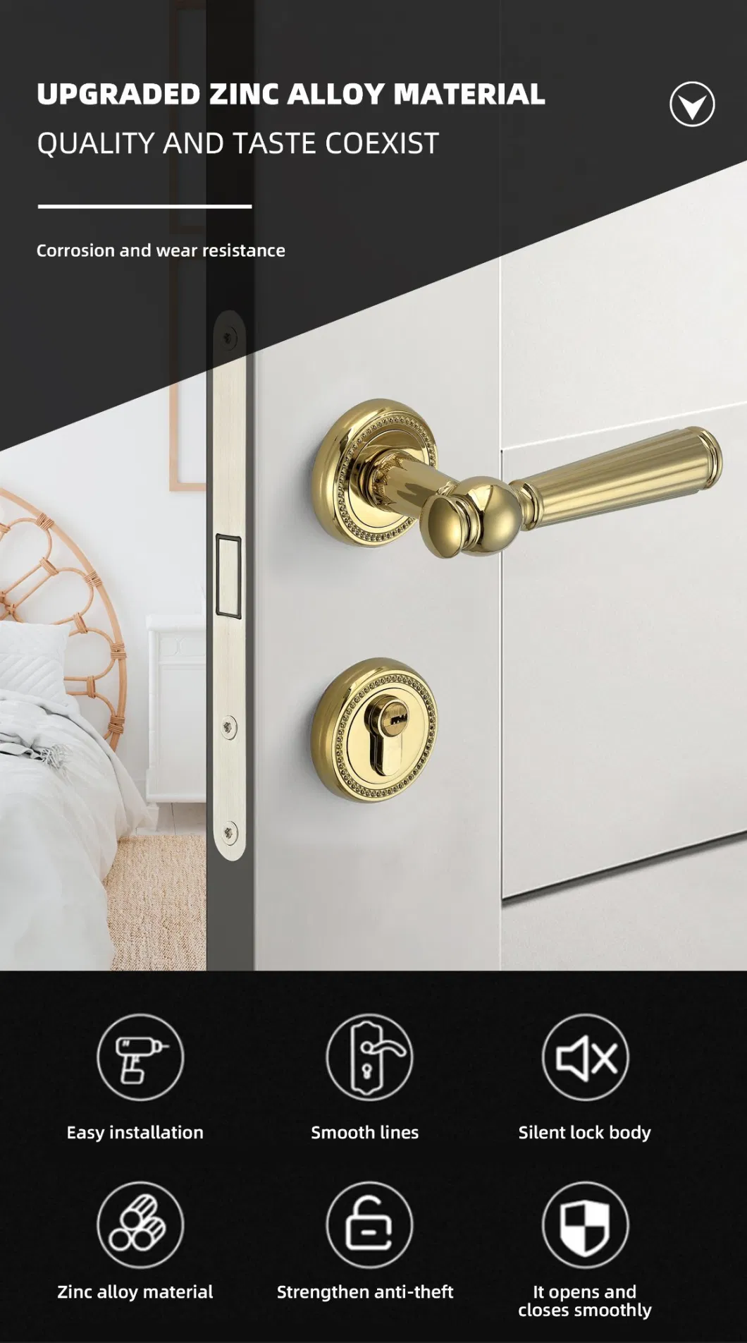 Wenzhou Liwng Luxury Door Handles Golden Polishing Interior Bedroom Handle Lock Set