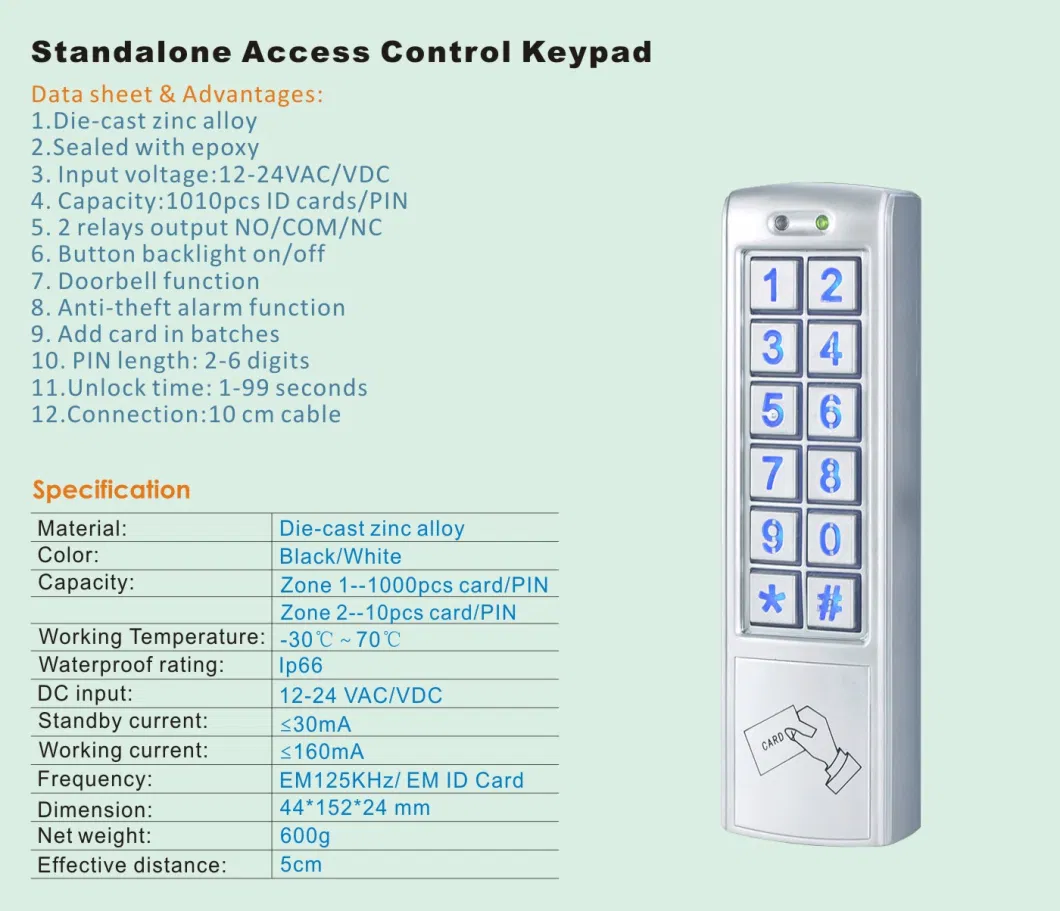Black Color Stand-Alone Card Access and Code Access Keypad for Door Entry