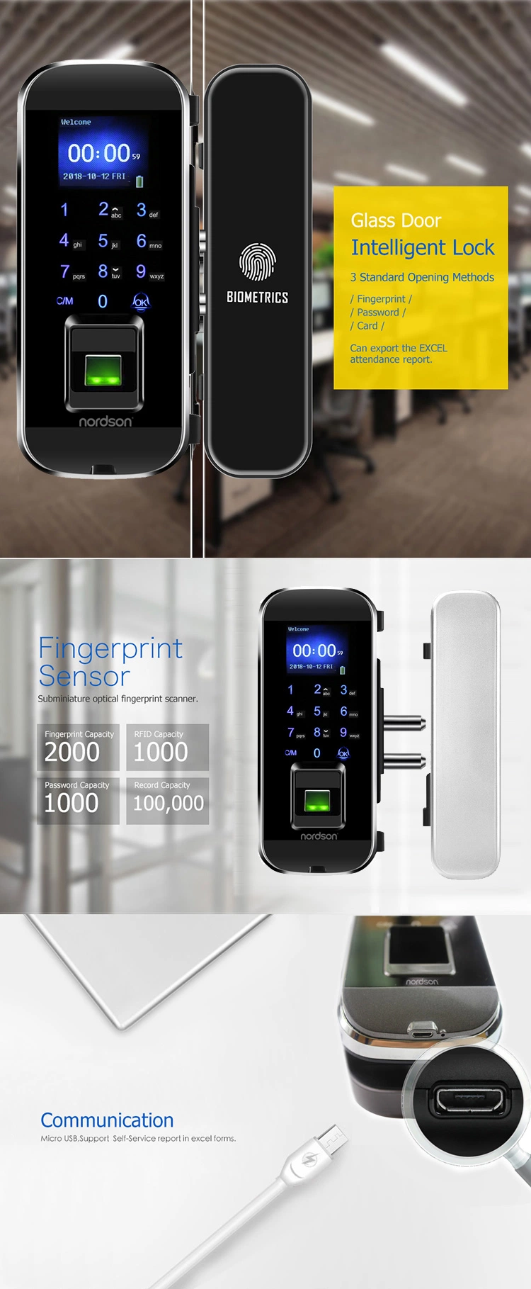 Keyless Electronic RFID Card Fingerprint Safe Digital Keypad Frameless Glass Door Lock with Mobile APP