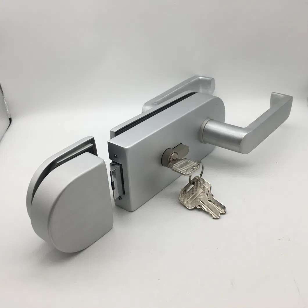 Silver Aluminum Lever Handle Silent Lockcase with Double Open Cylinder Lock for Glass Door