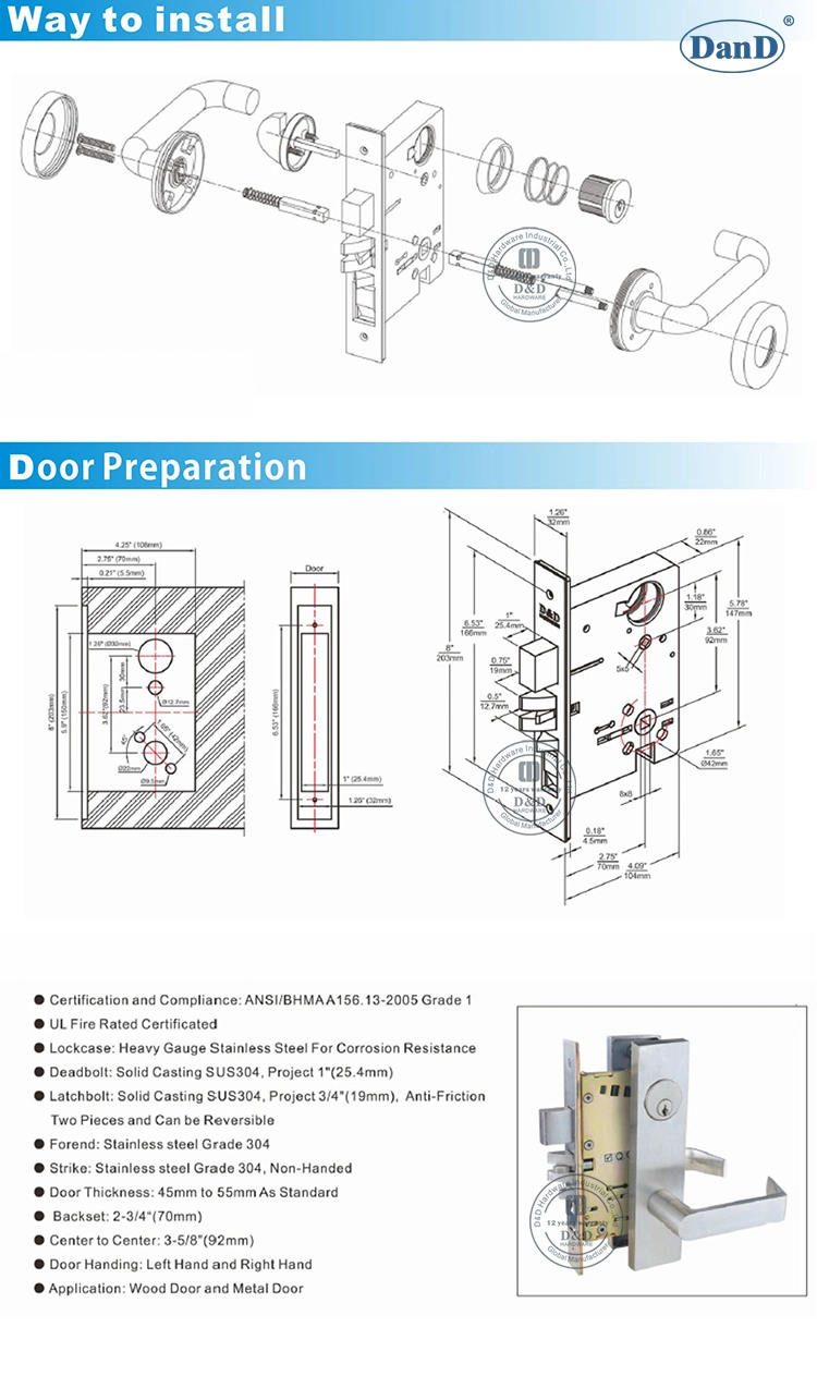 ANSI Grade1 Modern Safe UL Listed Stainless Steel Fire Rated Hardware Mortice Type Lockset Apartment Hotel Entrance Front Commercial Door Mortise Lock