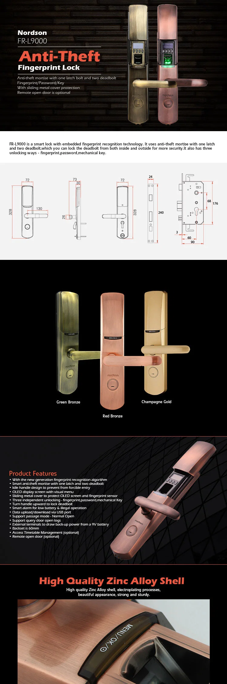 New Design Security Apartment/Home/Hotel Electronic Fingerprint Smart Enabled Keyless Cylinder Door Lock