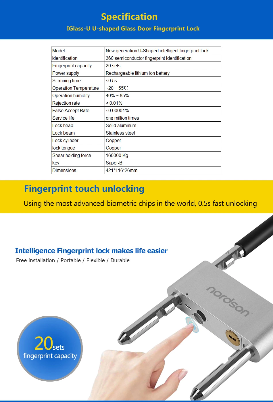 USB Direct Charge U-Shaped Home Shop Glass Door Cheap Fingerprint Smart Lock with Key