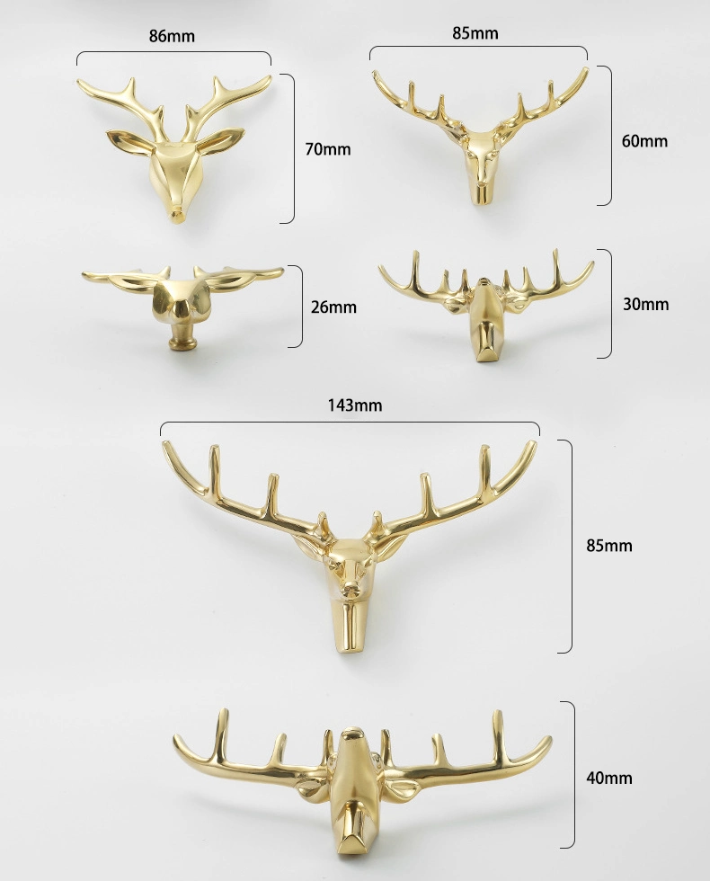 Golden Brass Deer Head Knobs DIY Drawer Cabinet Door Cupboard Furniture Knob