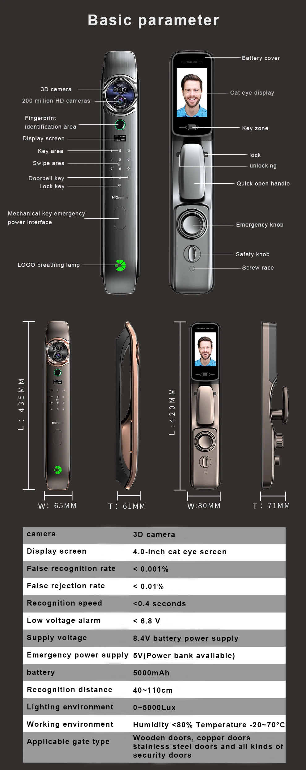 Wholesale Factory Price 3D Face Recognition Smart Door Lock with Doorbell Outdoor WiFi Fingerprint Camera