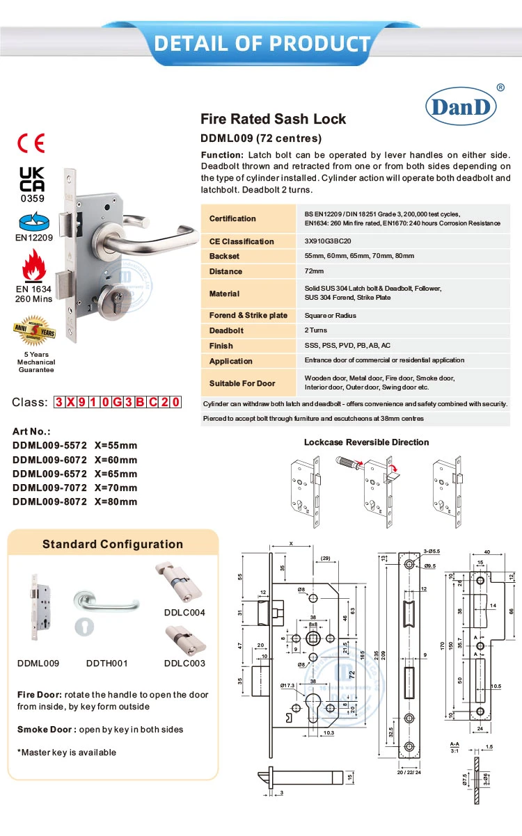 BS En12209 Fire Exterior Door Commercial Mortise Key Deadbolt Sash Lock