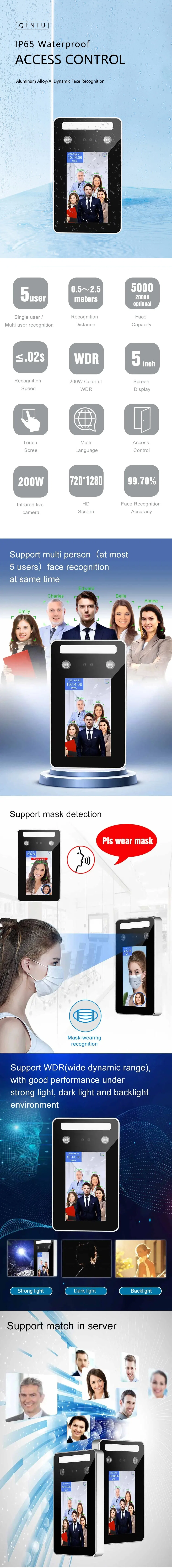 2million Wide-Angle Pixels Waterproof Ai Face Dynamic Recognition Attendance Machine Access Control