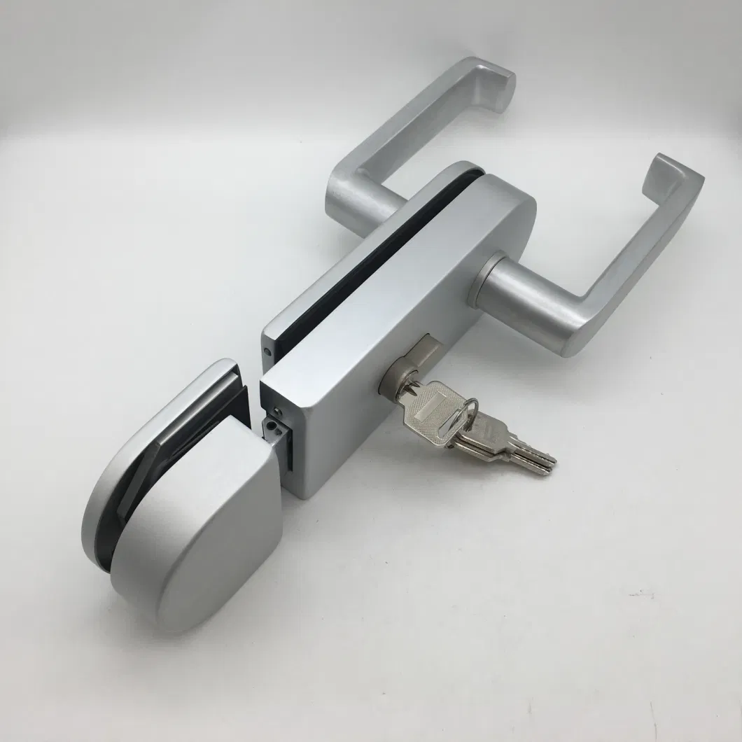 Silver Aluminum Lever Handle Silent Lockcase with Double Open Cylinder Lock for Glass Door