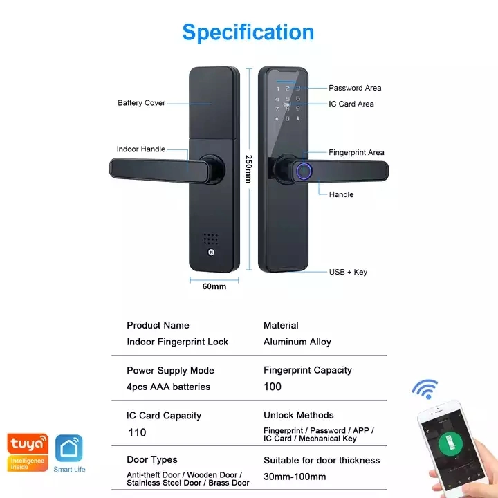 Smart Ttlock Tuya Front Digital Biometric Password Finger Print Deadbolt External Locks Key Fingerprint Door Lock for Home