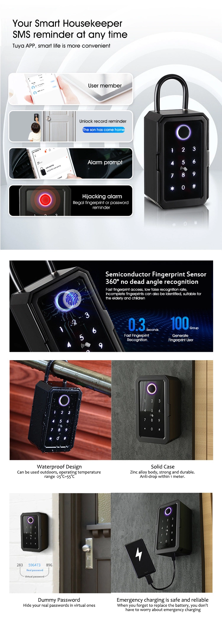 Tuya Digital Key Lock Box Weatherproof Outdoor Safe Wall Keybox Fingerprint IC Card Password Lock Home Smart Key Box