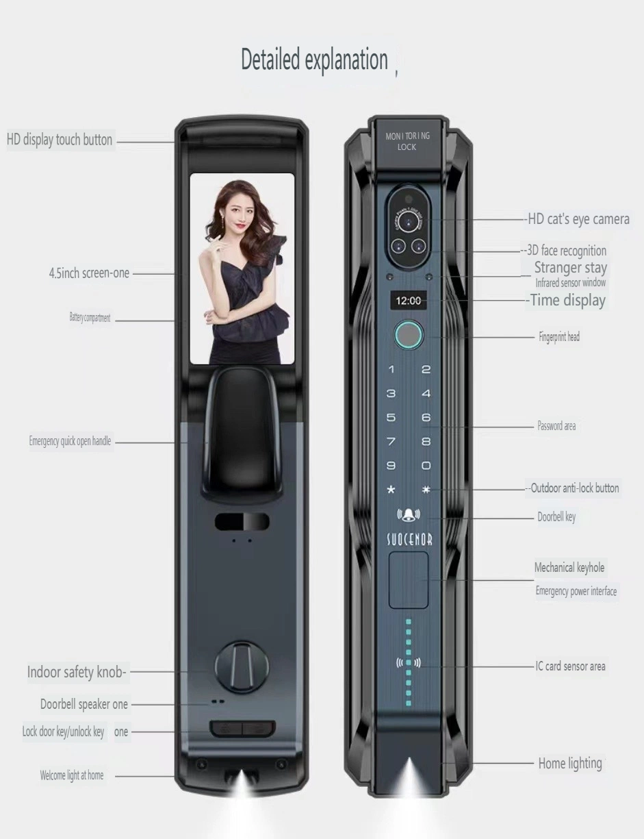 Facial Recognition Intelligent Lock, Fully Automatic Household Electronic Password Lock, Remote Monitoring and Intercom