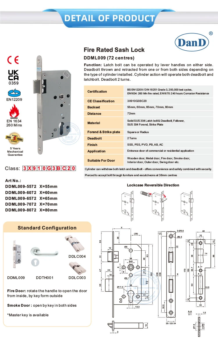 Home Style Door Hardware Round Head CE En1634 Fire Rated Mortise Lock