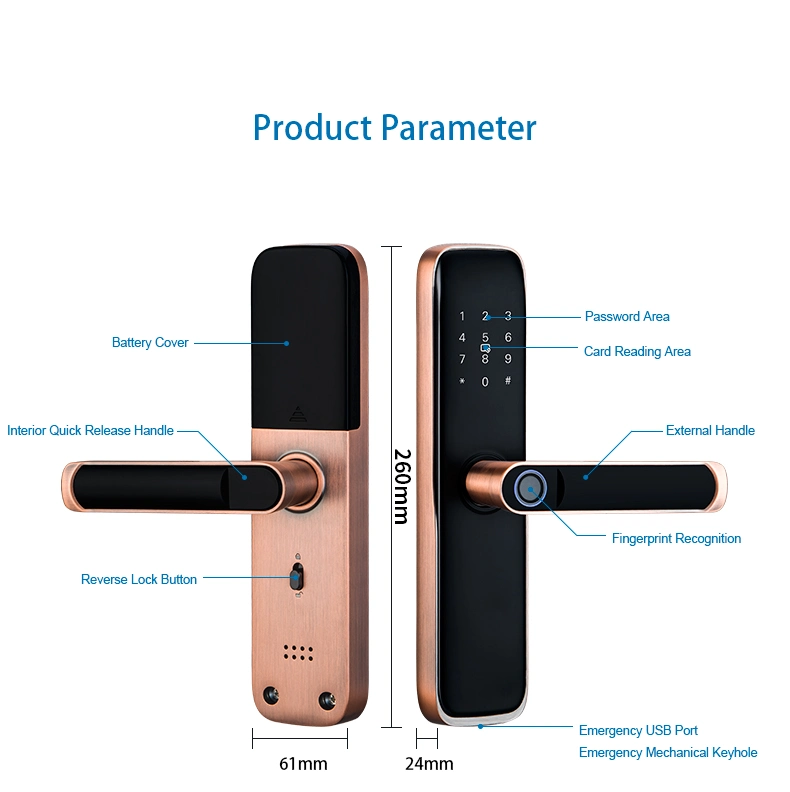 High Security Key Fingerprint Password Semi-Automatic Electronic Handle Tuya Ttlock WiFi Bedroom Office Apartment Hotel Smart Lock