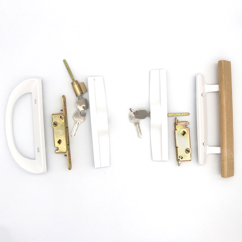 Key Cylinder and Face Plate White Color Wood Handle Lock Sliding Patio Door Handle Set with Mortise Lock