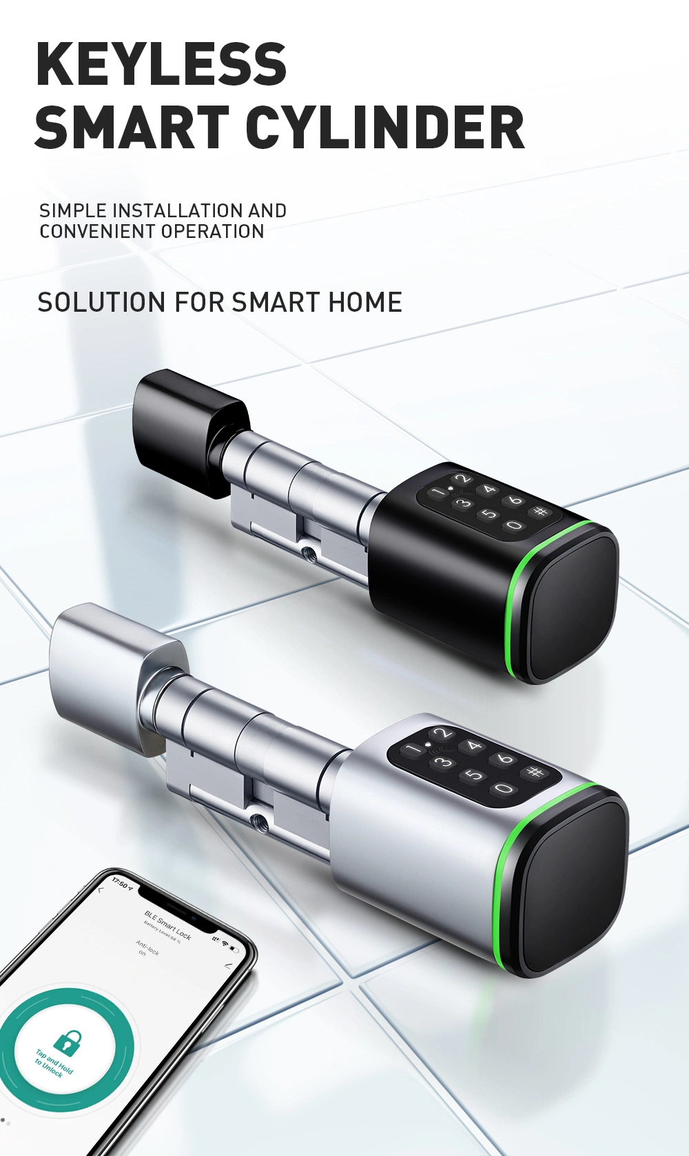 Tuya APP Adjustable Cylinder Size Waterproof Smart Cylinder Lock