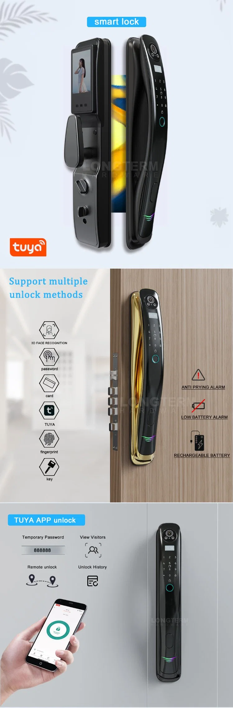 Face Recognition Tuya APP Biometric Fingerprint Smart Door Lock with Camera Doorbell