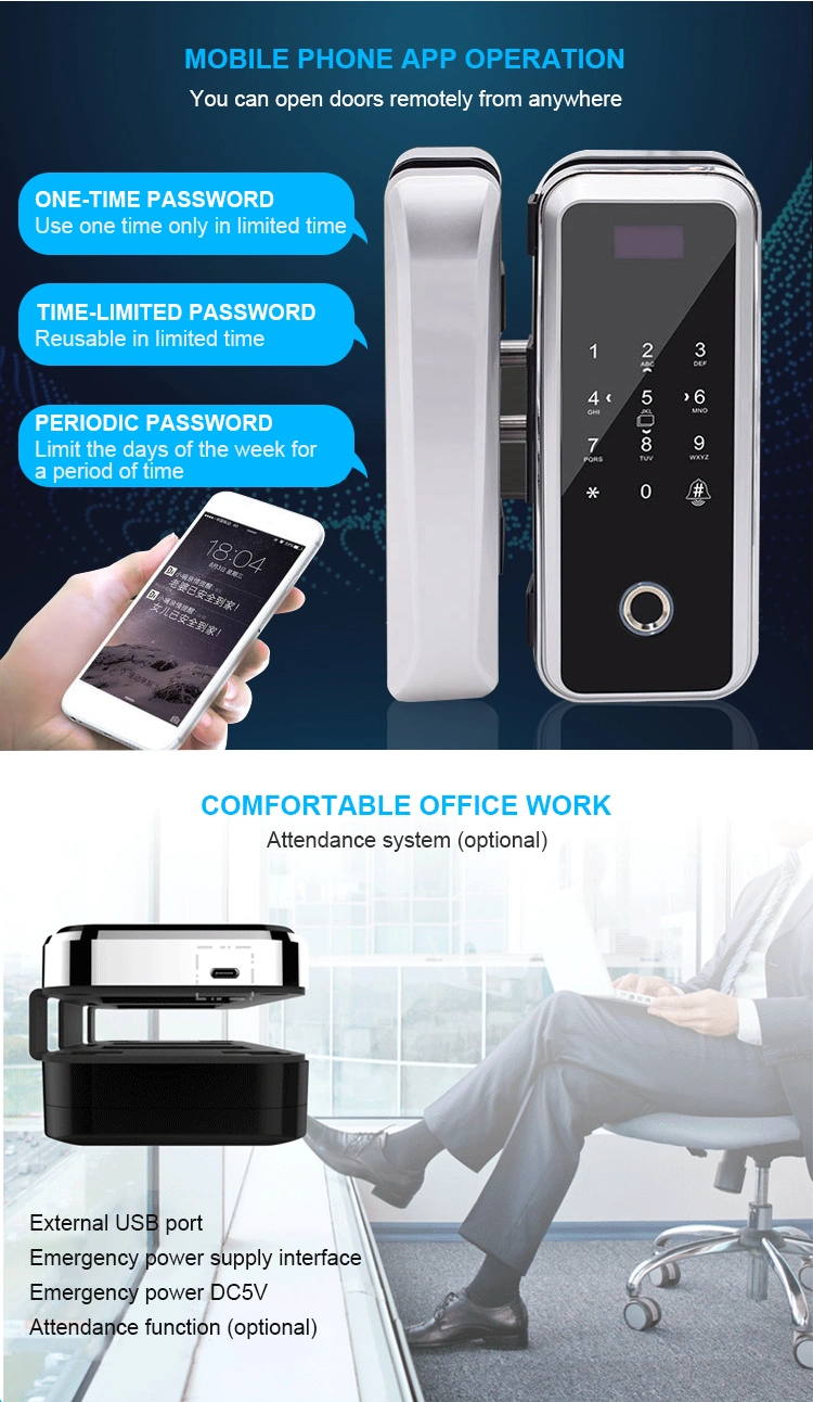 F8200 No Holes Biometric Fingerprint Password Electronic Smart Door Lock for Office Swing and Sliding Glass Door