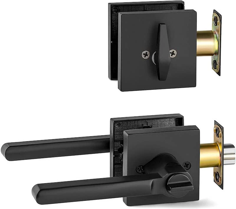 Black Push Button Privacy Bathroom Combo Deadbolt Door Lever Lock