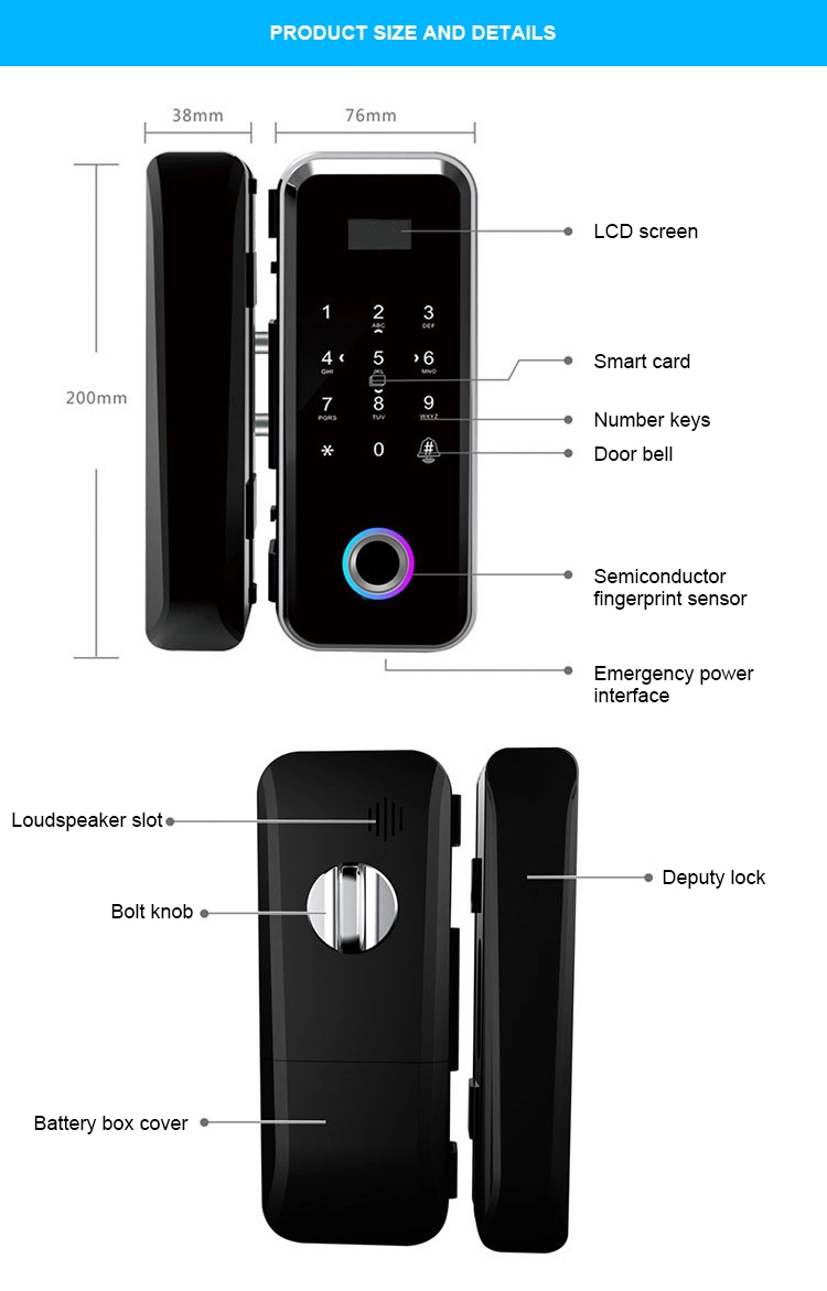 F8200 No Holes Biometric Fingerprint Password Electronic Smart Door Lock for Office Swing and Sliding Glass Door