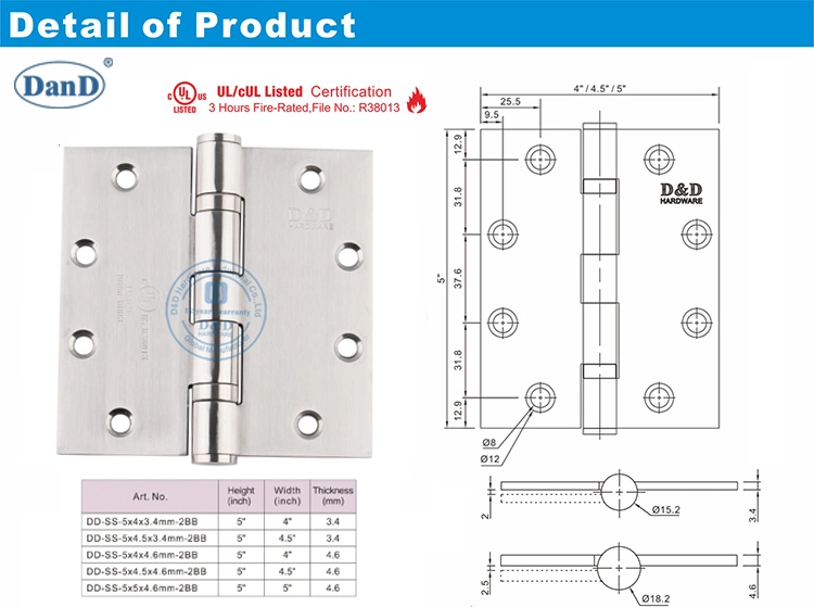 Design UL Stainless Steel Heavy Duty Front Interior Door Hinge