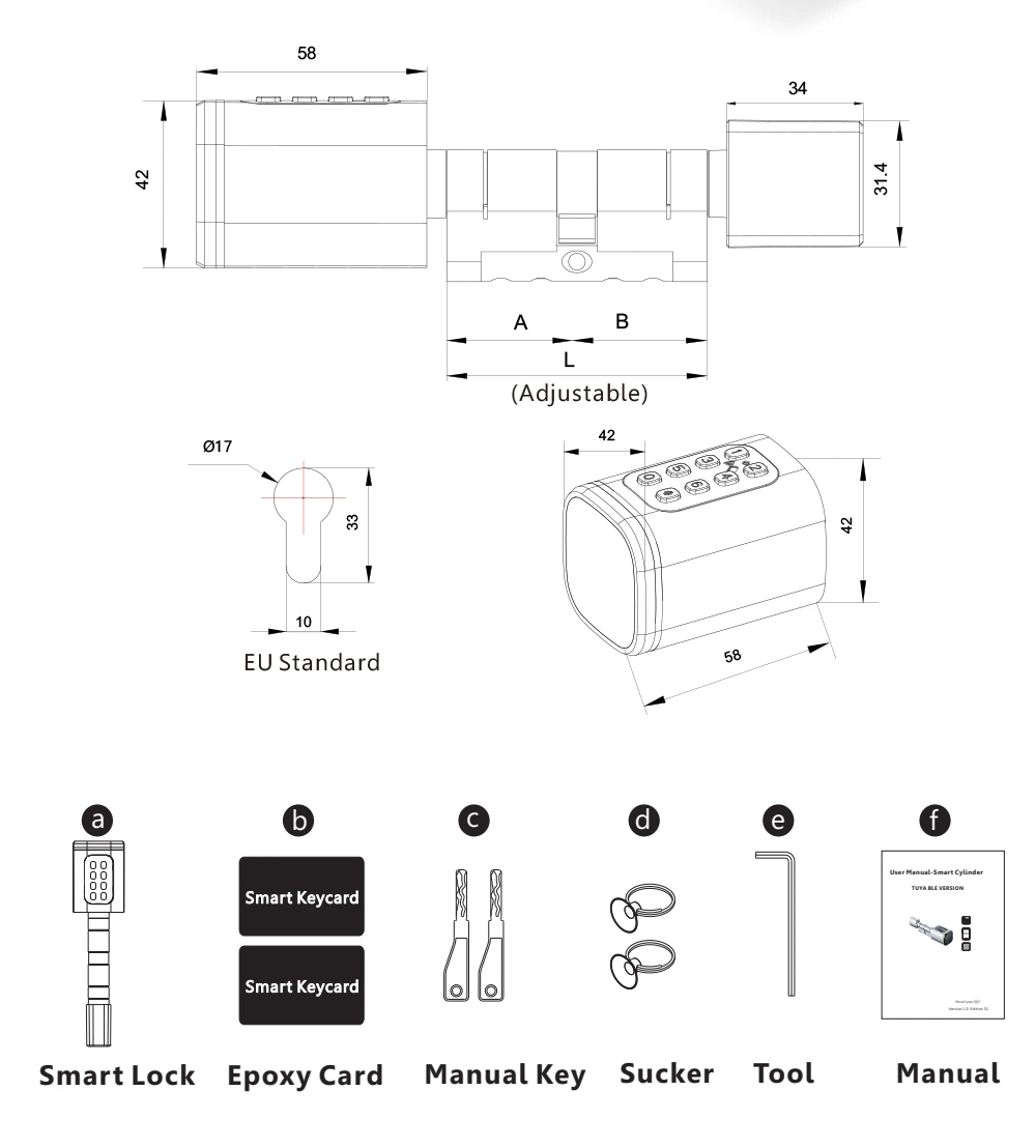 Tuya APP Adjustable Cylinder Size Waterproof Smart Cylinder Lock