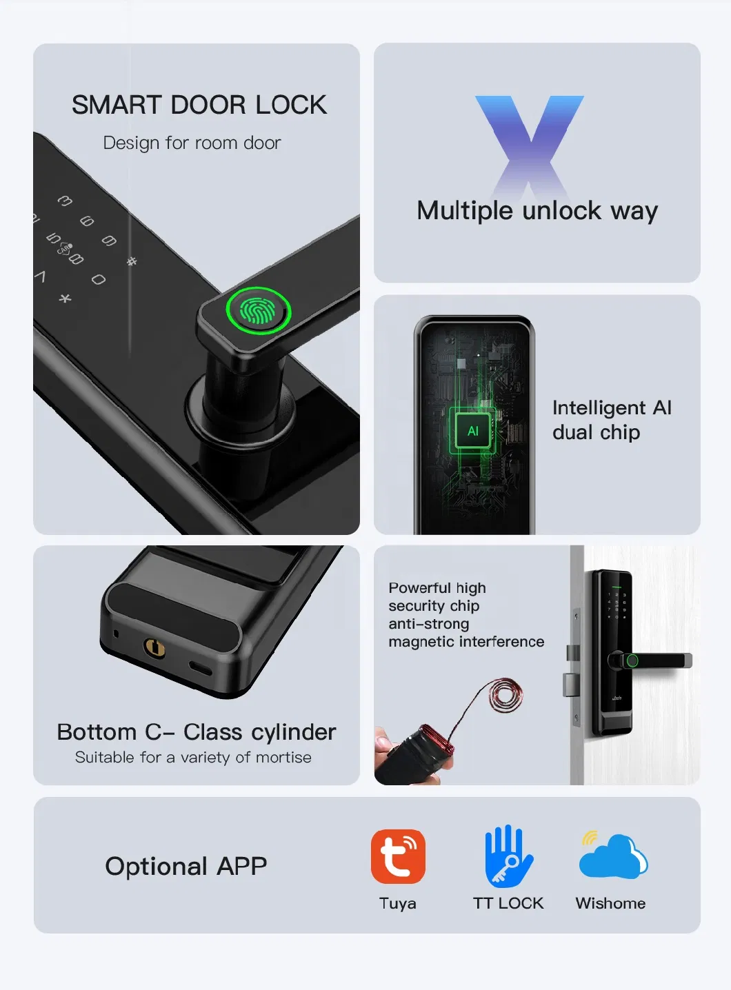 Supports 8 Languages Tt Lock Biometric Fingerprint Smart Lock Keyless Entry Security Electronic Keyboard Bedroom Apartment Office Door Lock