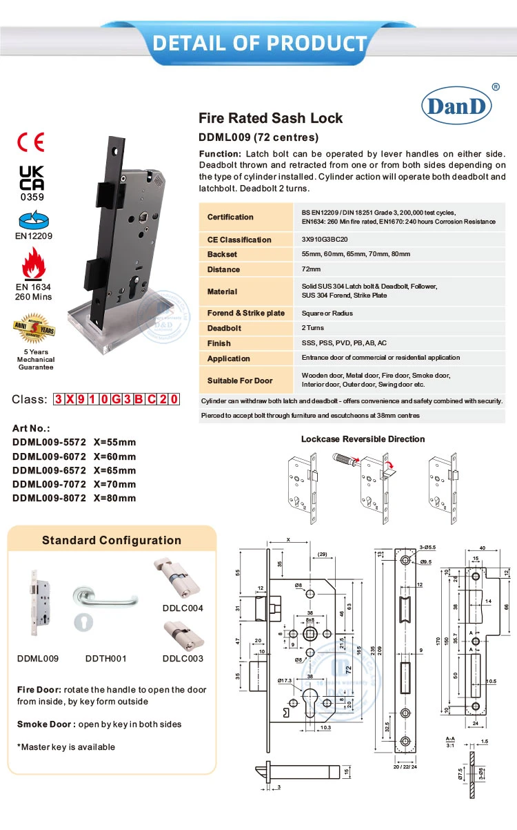 En12209 Hotel Front Door Handle En1634 Fire Rated Security Mortise Cylinder Lock