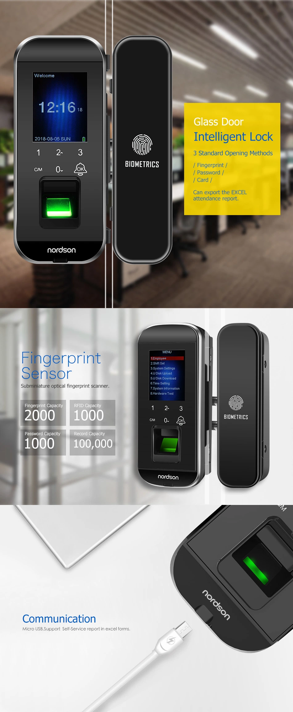 Optical Password Card Fingerprint Office Sliding Smart Remote Padlock Fingerprint Glass Door Lock