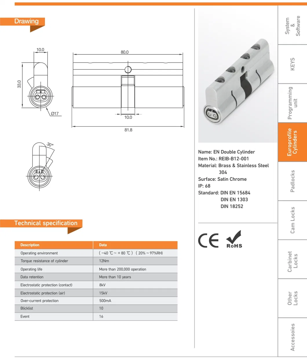 High Security Europrofile Double Cylinder 80mm Smart Lock with Adjustable Cam Smart Door Lock