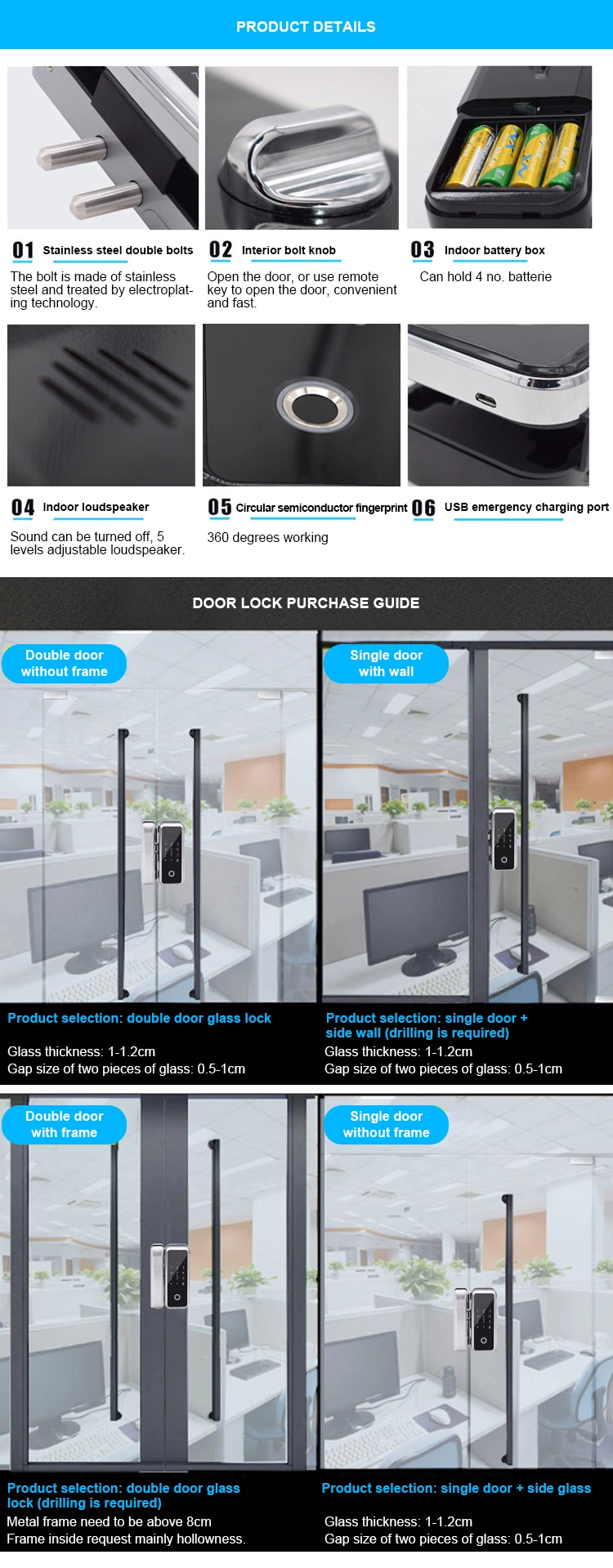 F8200 No Holes Biometric Fingerprint Password Electronic Smart Door Lock for Office Swing and Sliding Glass Door