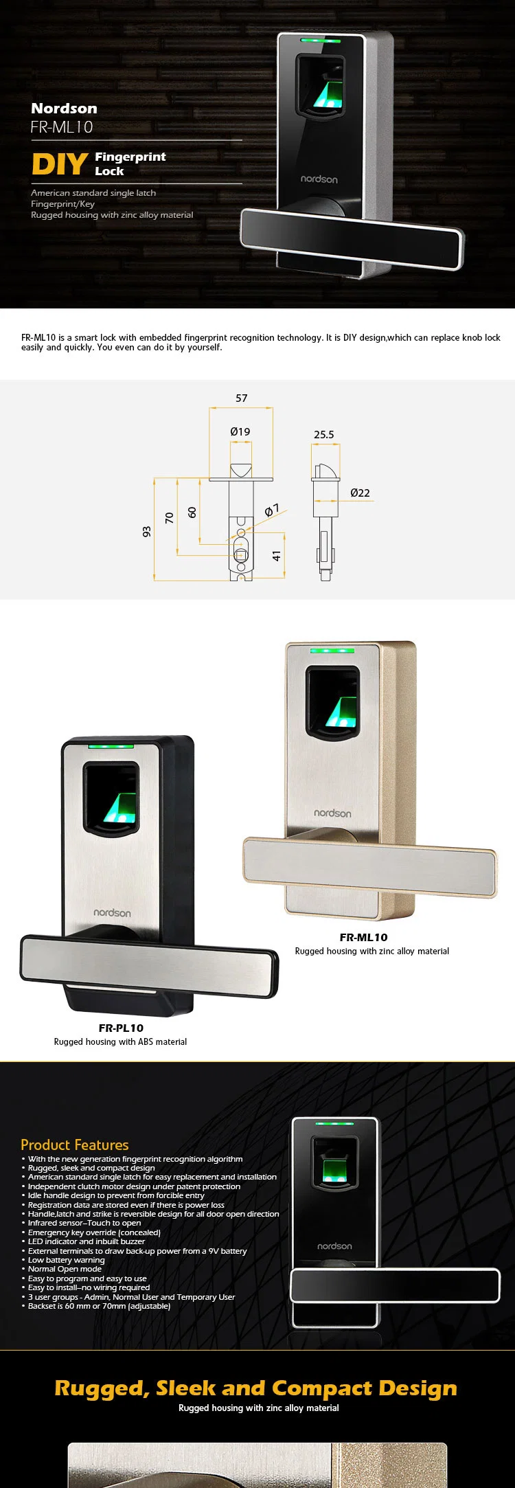 Zinc Alloy American Standard Fingerprint Combination Smart Door Lock for Wood Door with Back up Power