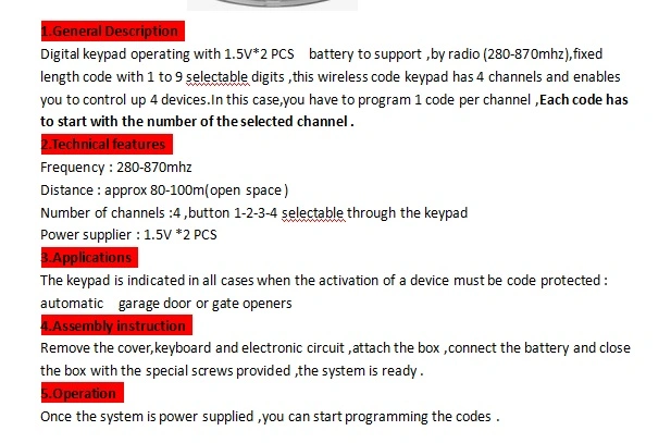 433.92MHz Rolling Code Keypad for Garage Door