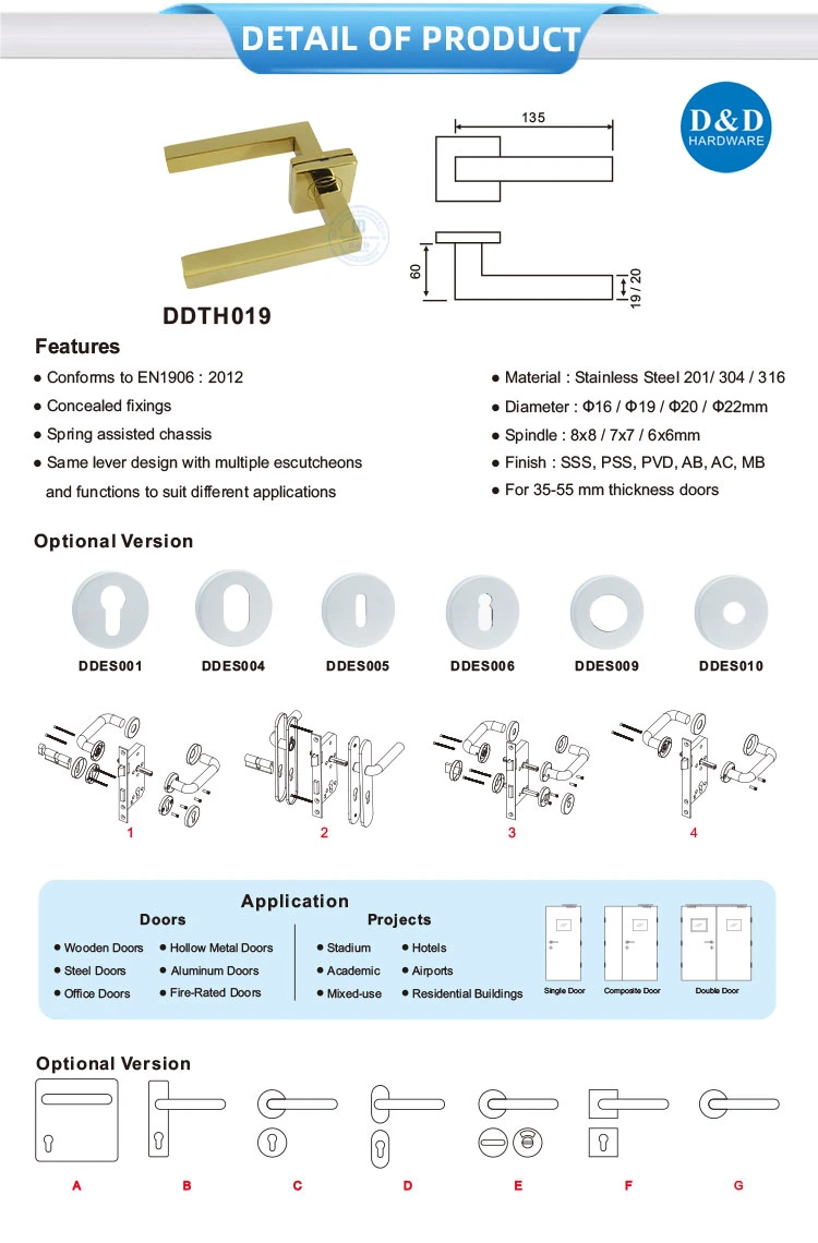 Polished Brass Finish Stainless Steel Hollow Tube Hotel House Mall Front Gold Commercial Cabinet Glass Main Door Lock Square Type Interior Door Lever Handle