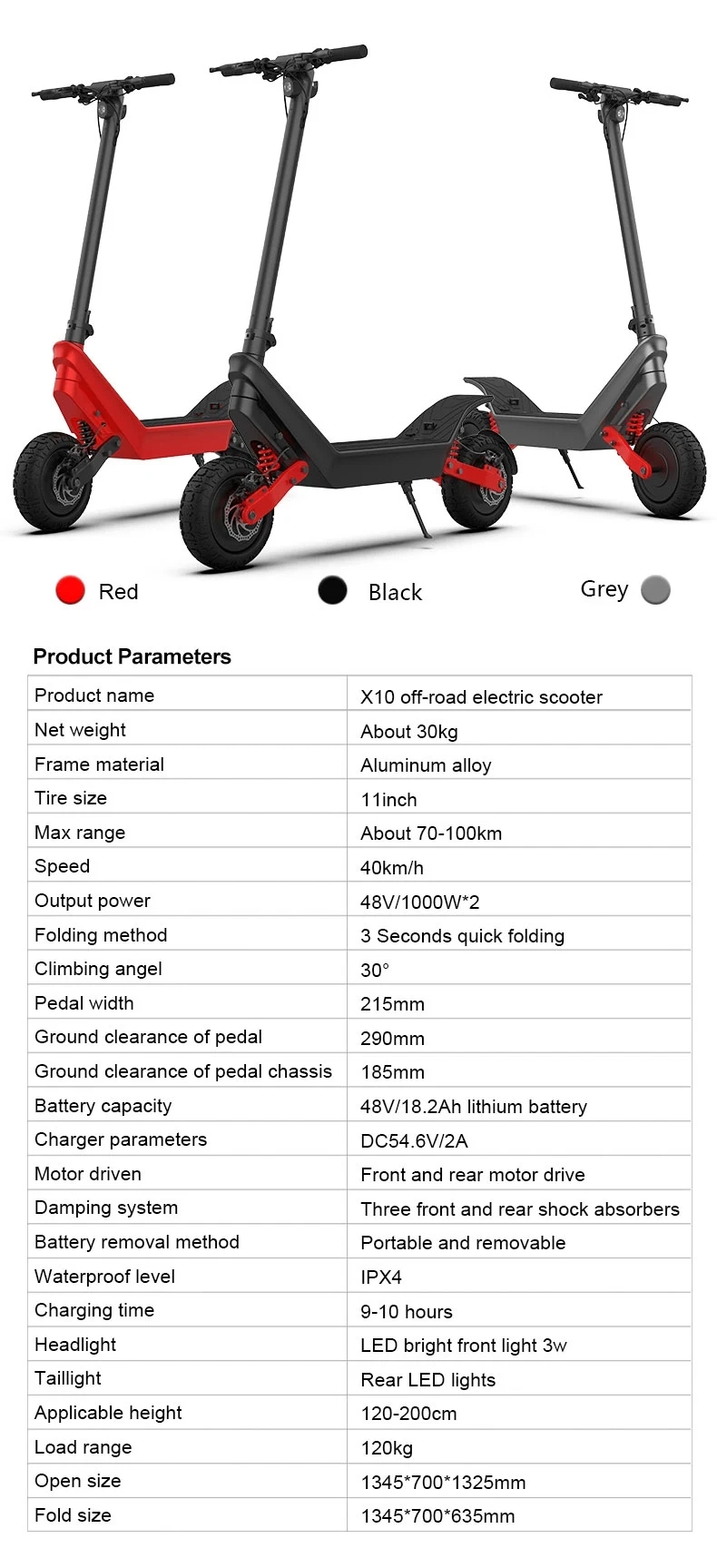 Kixin X10 Scooters 11 Inch 2400W Electric Scooter off-Road Fat Tire High-Speed Waterproof Adult Electric Scooter Foldable 50km/H E-Scooters