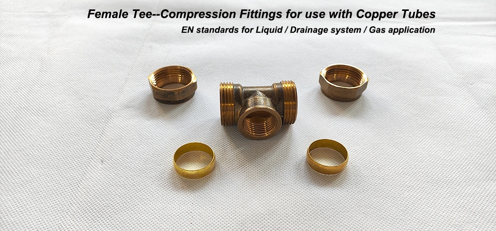 Brass Female Tee Compression Fittings for Connecting The Copper Tubes