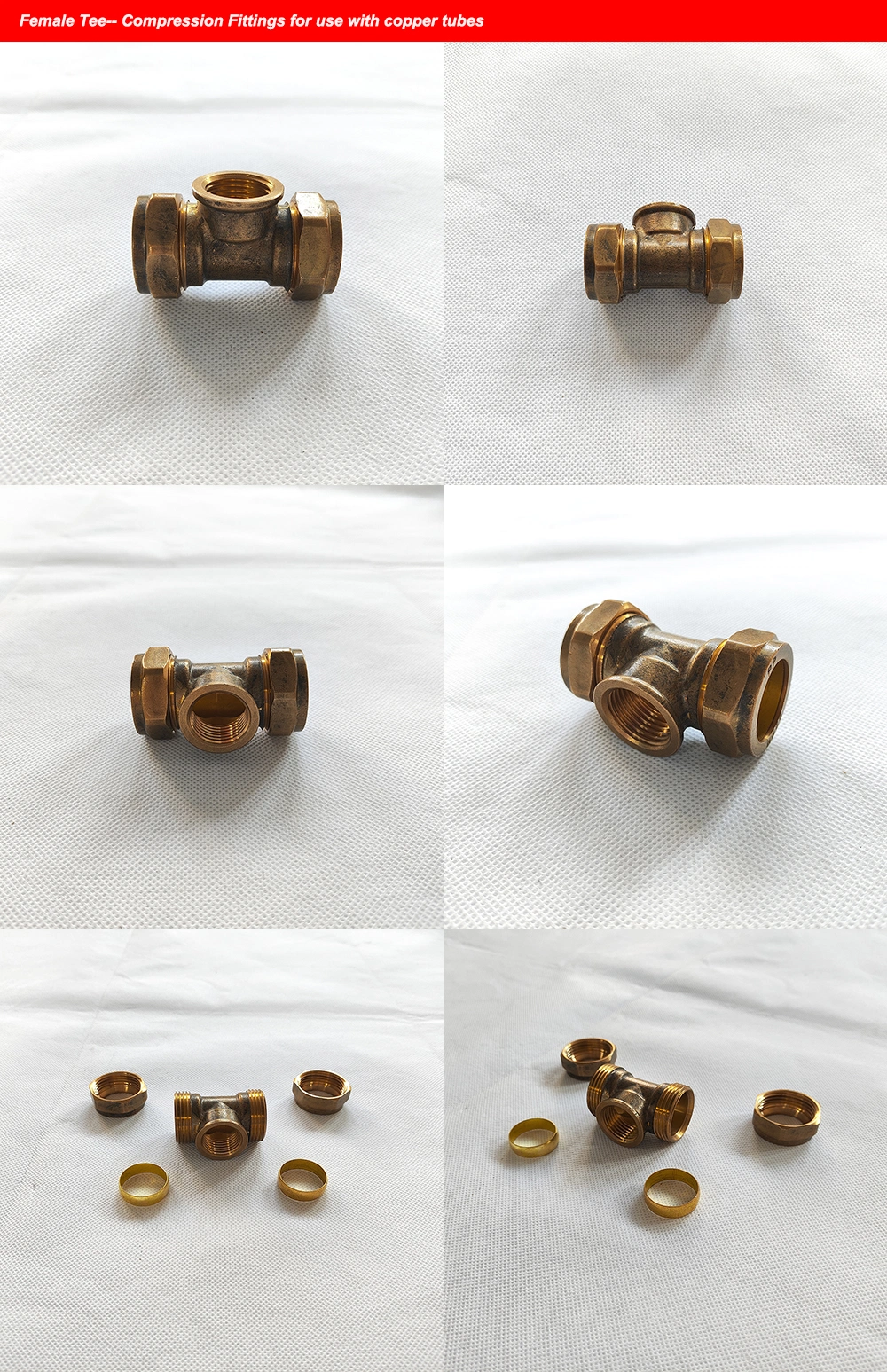 Brass Female Tee Compression Fittings for Connecting The Copper Tubes