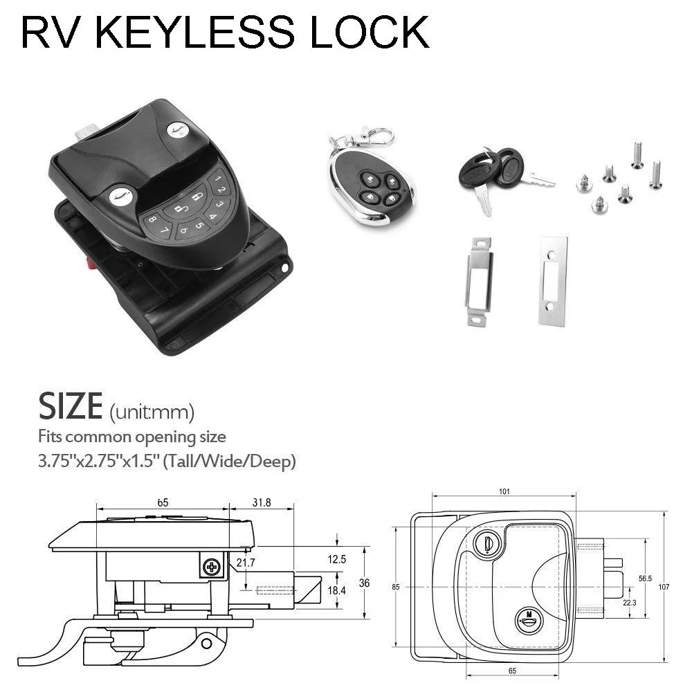 RV Keyless Entry Door Lock Handle Latch, 20meter Wireless Remote Control for Trailer Caravan Camper Lock with Keypad &amp; Fob