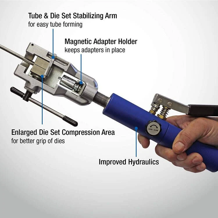 Universal Hydraulic Flaring Tool Set (Includes 3/8&quot; and 1/2&quot; Transmission Cooling Line Die and Adapter Sets) with Tube Cutter, Silver/Blue