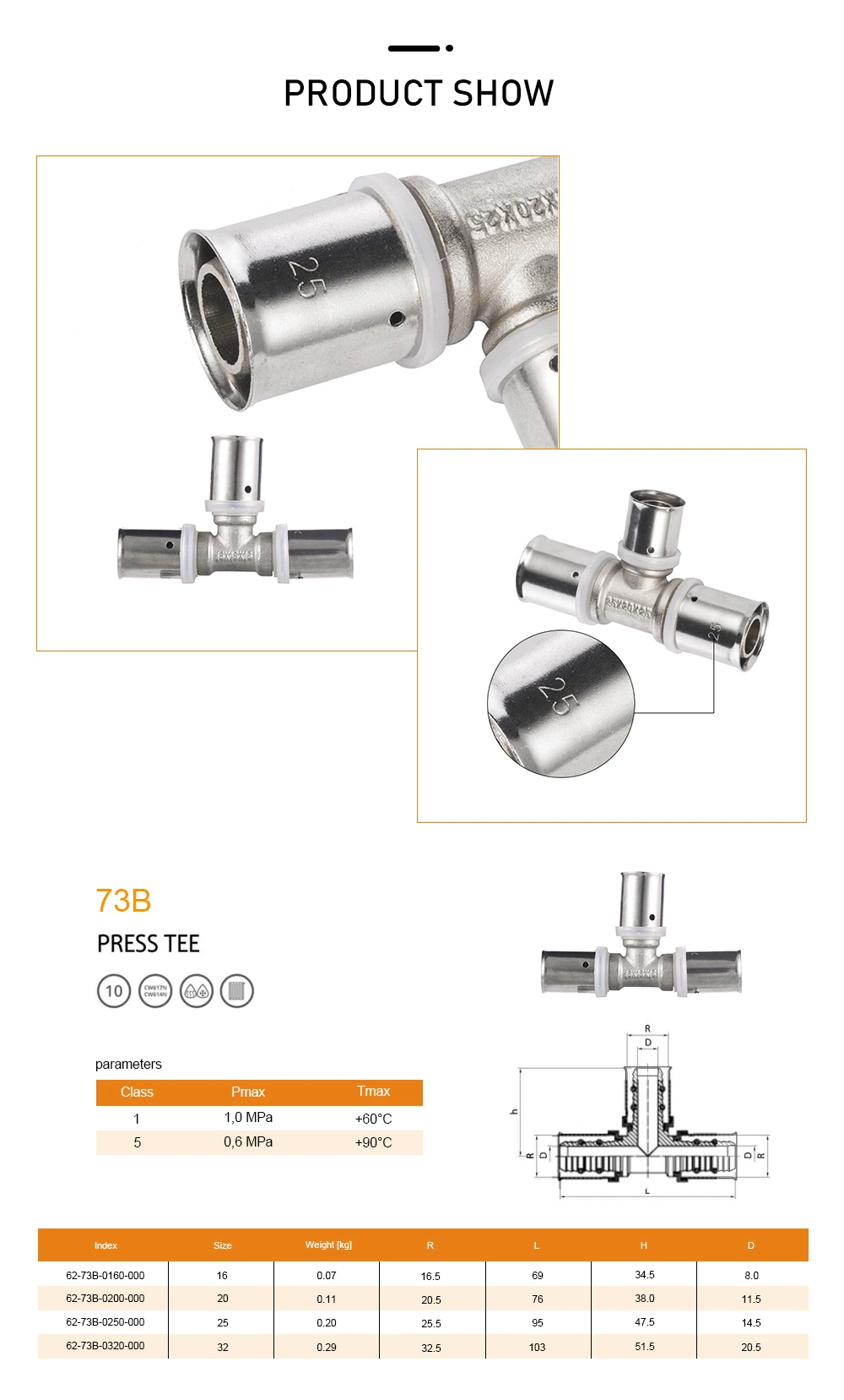 1/2inch 3/4inch Pex Press Equal Tee Coupling U Type Copper Brass Press Fittings for Pex Underfloor Heating Pipe