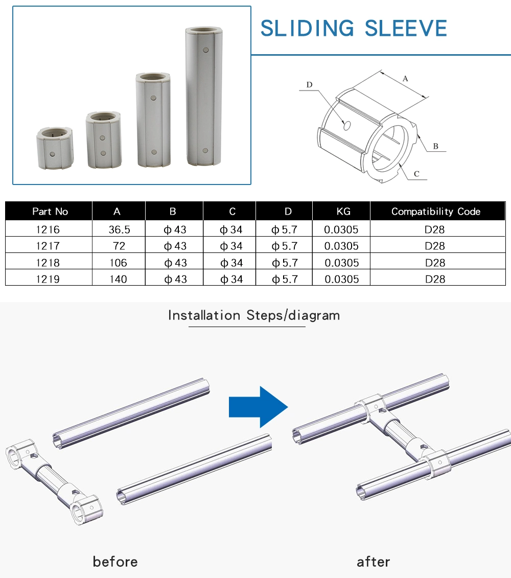 140mm Sliding Sleeve Al 6105-T5 Built in Nylon Tablets D28 Tube Profile Accessory