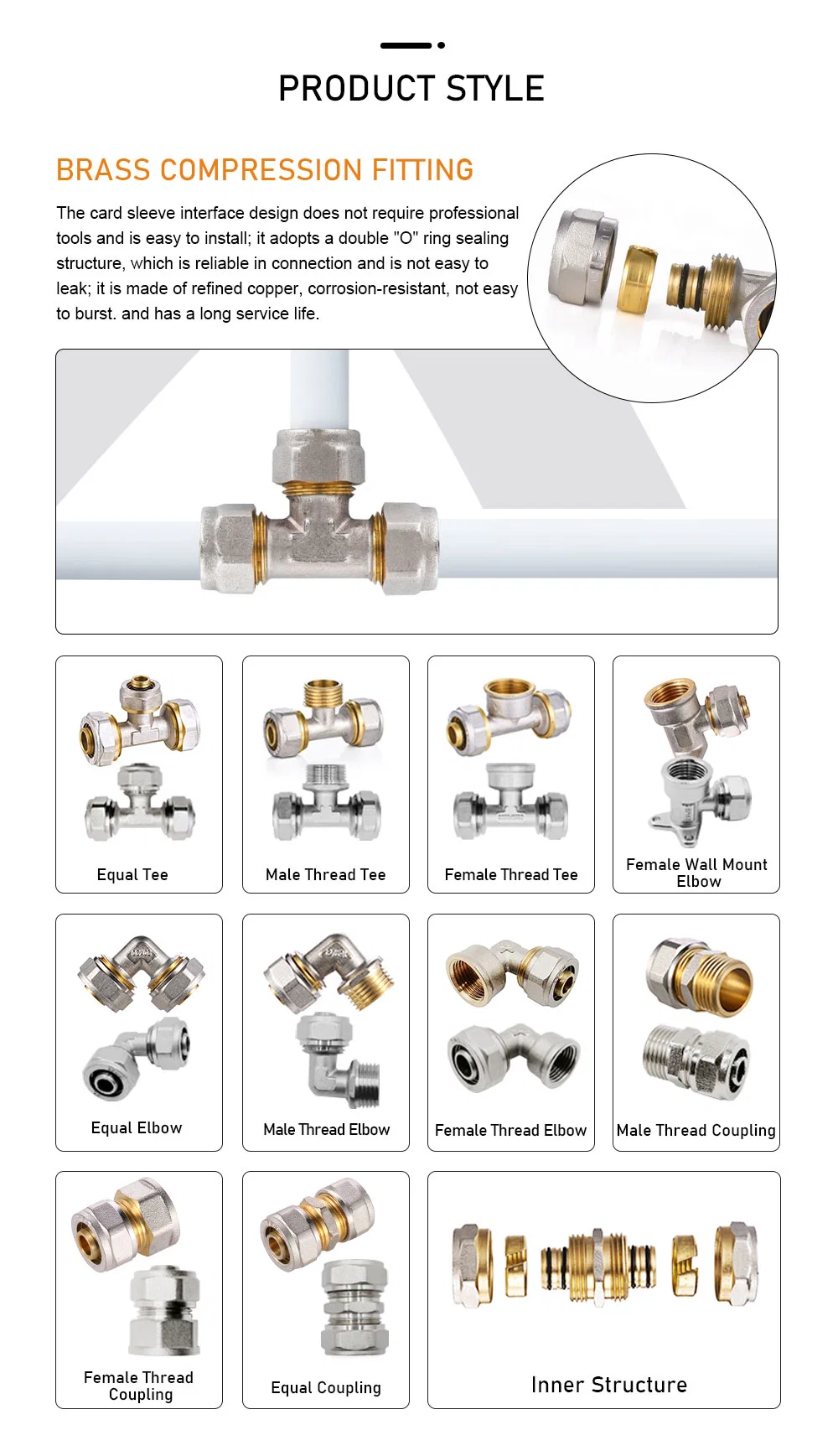 Brass Compression Tee Equal Tee 22mm Pex Fittings Brass Compression Fitting for Plumbing