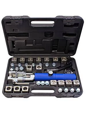 Universal Hydraulic Flaring Tool Set (Includes 3/8&quot; and 1/2&quot; Transmission Cooling Line Die and Adapter Sets) with Tube Cutter, Silver/Blue