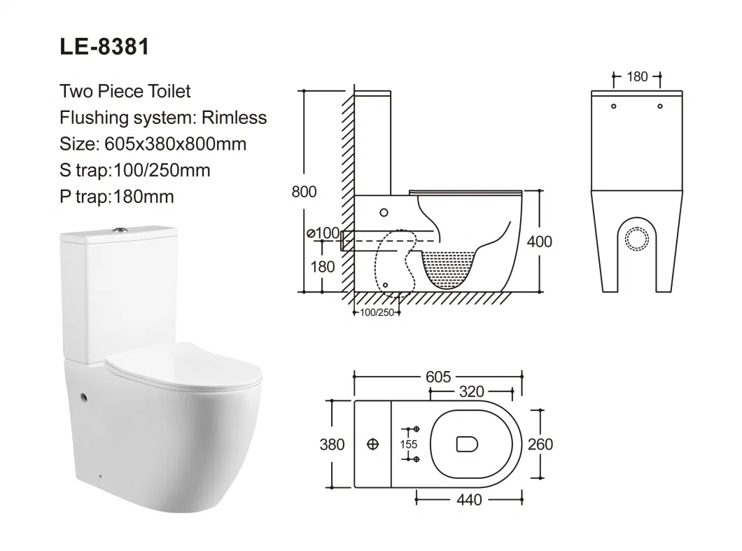 Watermark CE Water-Saving Two-Piece Floor-Standing Wall Mounted S/P-Trap Toilet