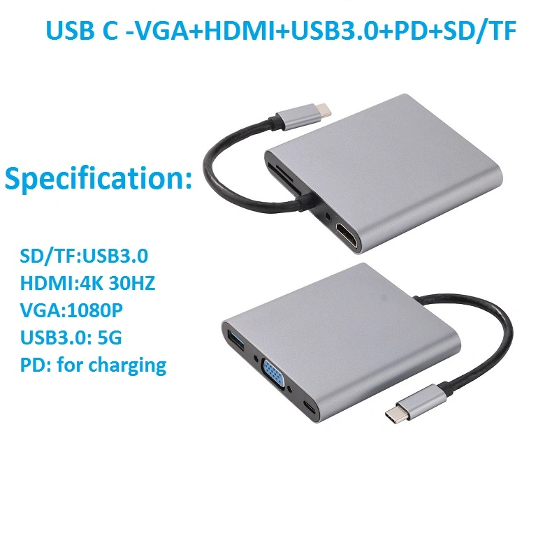 USB C to HDMI+VGA+USB3.0+Pd+SD/TF Hub