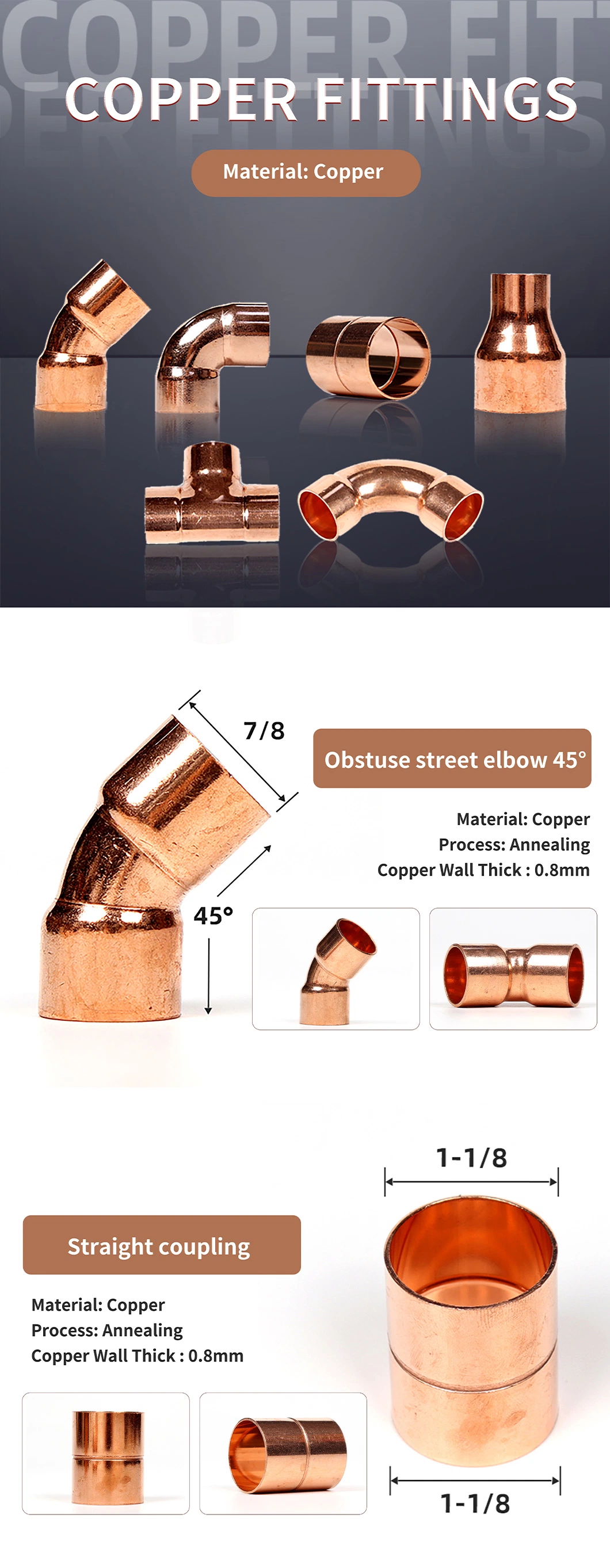 Copper Reducing Tee Pressure Pipe Fitting Connector for Plumbing Refrigeration