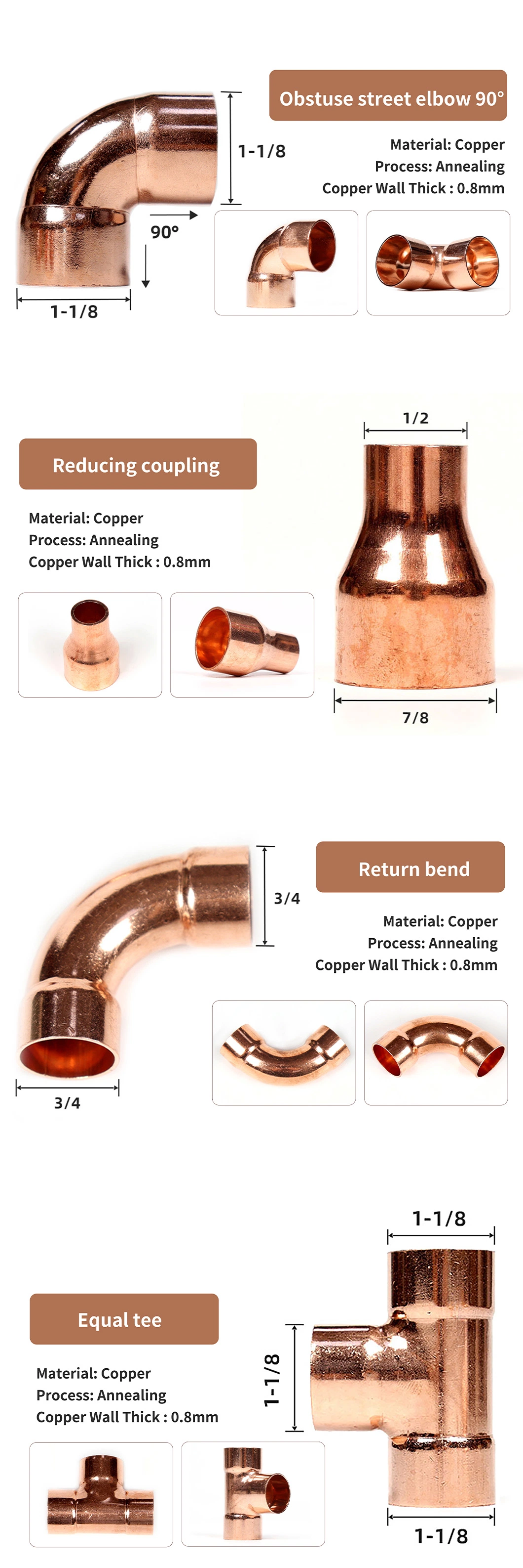 Copper Reducing Tee Pressure Pipe Fitting Connector for Plumbing Refrigeration