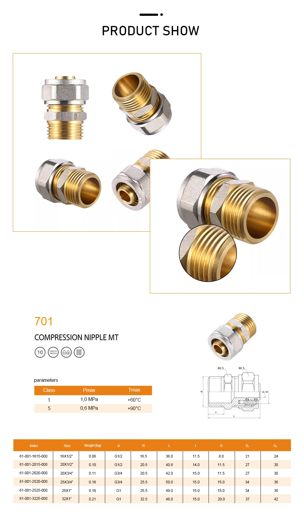 Thread Connector Brass Compression Fittings Brass Fittings Straight Coupling for Water and Gas