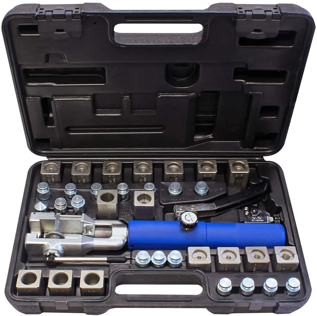 Universal Hydraulic Flaring Tool Set (Includes 3/8&quot; and 1/2&quot; Transmission Cooling Line Die and Adapter Sets) with Tube Cutter, Silver/Blue