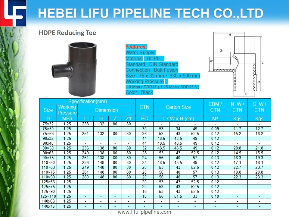 High Quality DIN Standard for Water Supply Plastic Plumbing Pipe Fitting PE Pressure Pipe Reducing Tee and Fittings HDPE Butt Fusion Pipe Fitting SDR13.6 SDR17