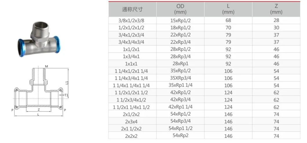 Anti-Corrosion Stainless Steel Single Press Fit Fittings External Thread Tee Pipe